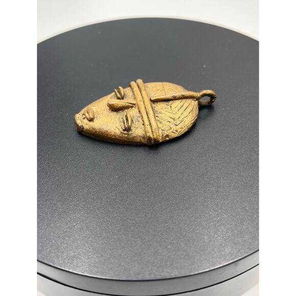Tribal African Brass Face Mask Molted Wax Primitive Carved Handmade Pendant - Picture 5 of 6